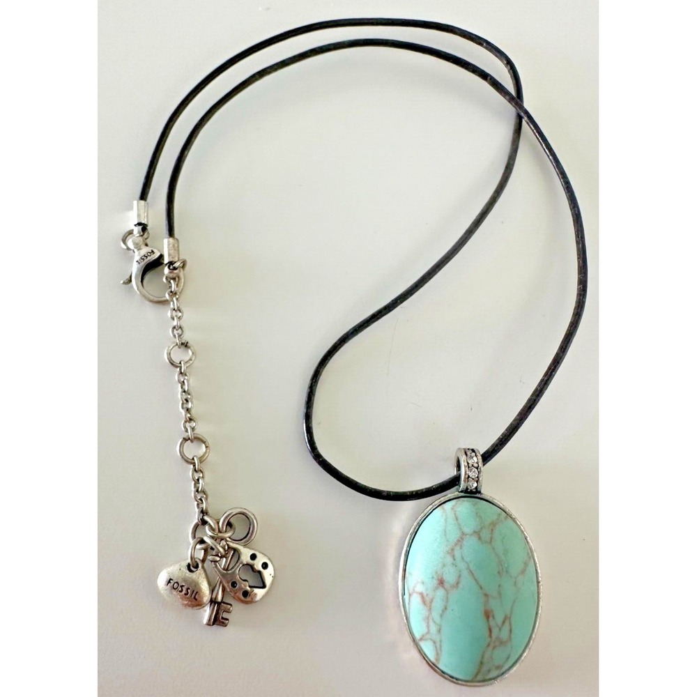 Fossil Necklace Marbled Aqua Blue Oval Pendant Black Leather Silver 16-18 in